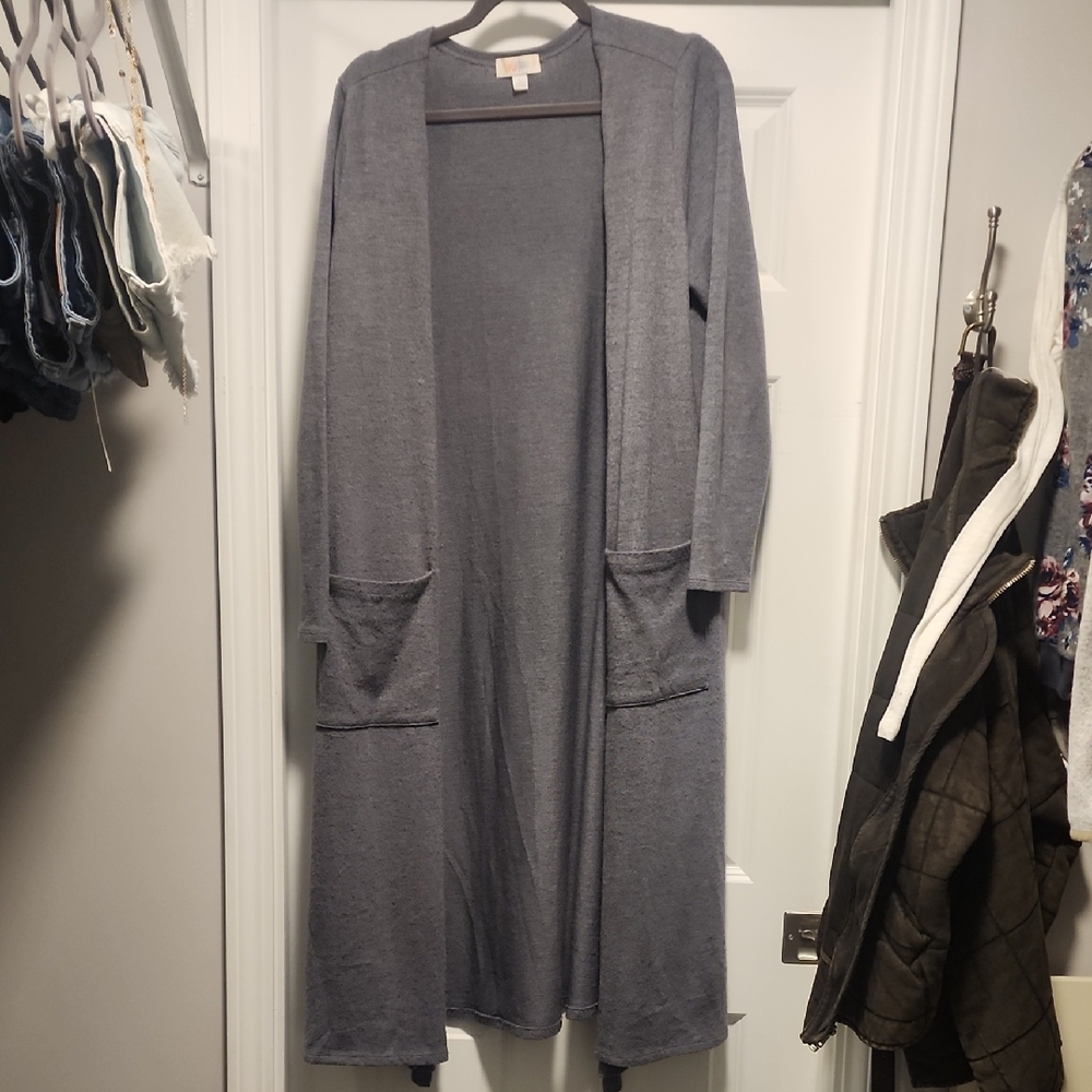 LuLaRoe Sarah Gray/Green Long Open Cardigan